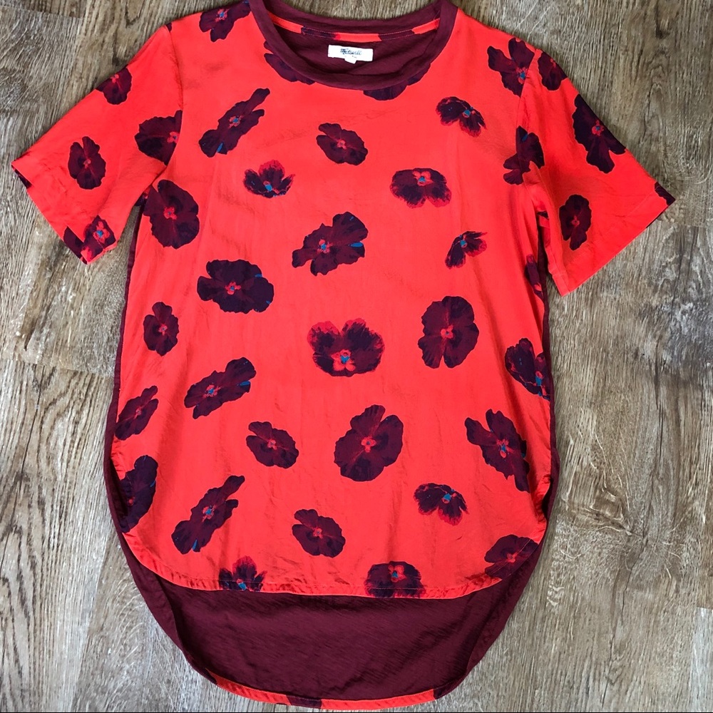 Madewell M floral high low orange/burgundy blouse